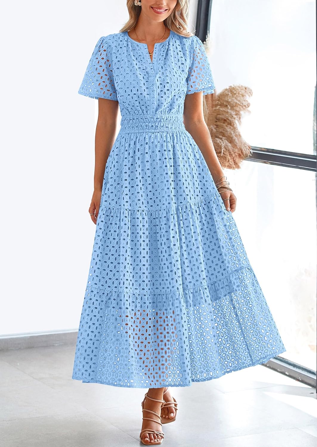 NEW 🔥Womens 2025 Summer Maxi Dress Short Sleeve V Neck Hollow Out Eyelet A Line Dresses