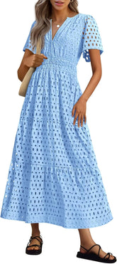 NEW 🔥Womens 2025 Summer Maxi Dress Short Sleeve V Neck Hollow Out Eyelet A Line Dresses