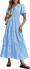 NEW 🔥Womens 2025 Summer Maxi Dress Short Sleeve V Neck Hollow Out Eyelet A Line Dresses