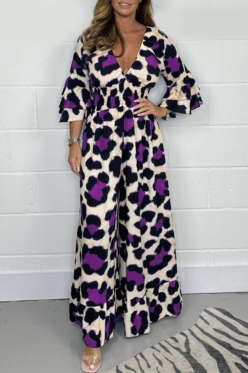 Hot Sale🔥 Women's Leopard Print Elastic Waist Casual Wide Leg Jumpsuit