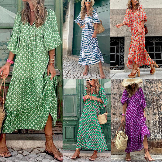 Puffy Sleeve Floral Pattern Elegant Boho Dress