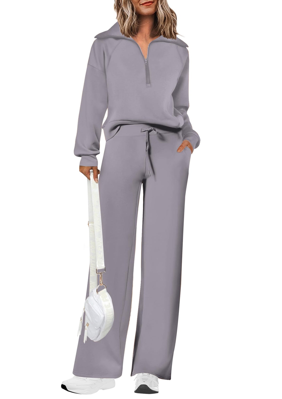 Damen Baumwoll-Zweiteiler Revers Halb-Zip Sweatshirt Weite Bein Sweathose Freizeitanzug