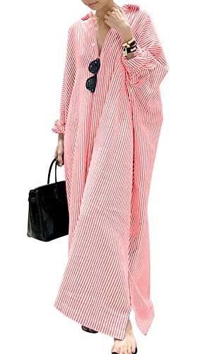 Women's Casual Long Sleeve Button Down Loose Striped Cotton Maxi Shirt Dress