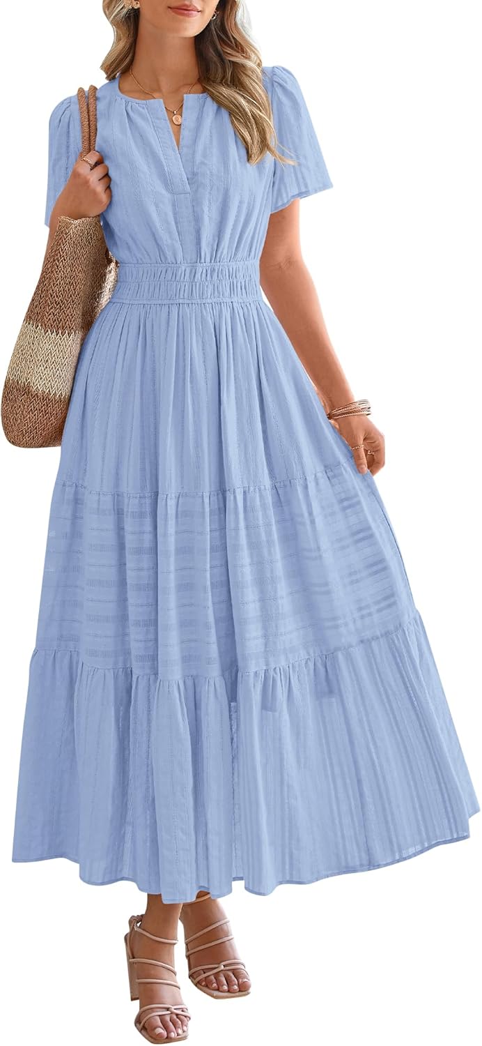 HOT SALE Womens Summer Lightweight Short Sleeve V Casual Midi Maxi Dresses