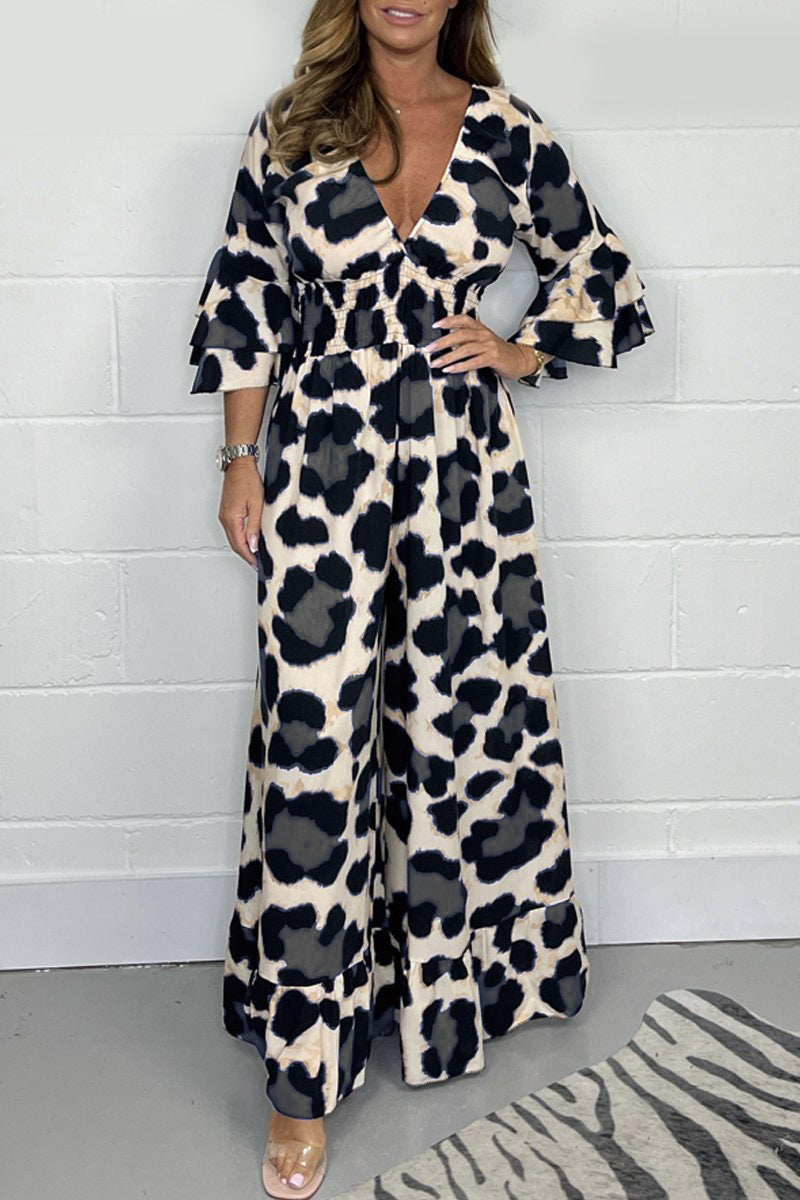 Hot Sale🔥 Women's Leopard Print Elastic Waist Casual Wide Leg Jumpsuit