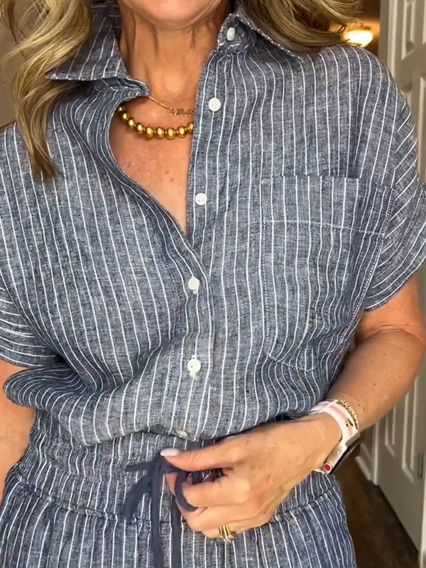 ⏰ LAST DAY SAVE 50% 💥Cotton Linen Striped Classic Pocket Shirt Set