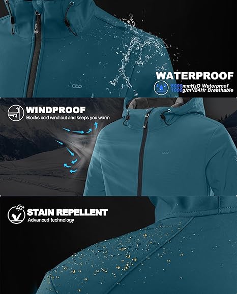 33,000ft Herren wasserdichte warme Softshelljacke, leichtes Fleece-Futter, Kapuzen-Regenjacke, Windjacke zum Wandern und Outdoor-Aktivitäten