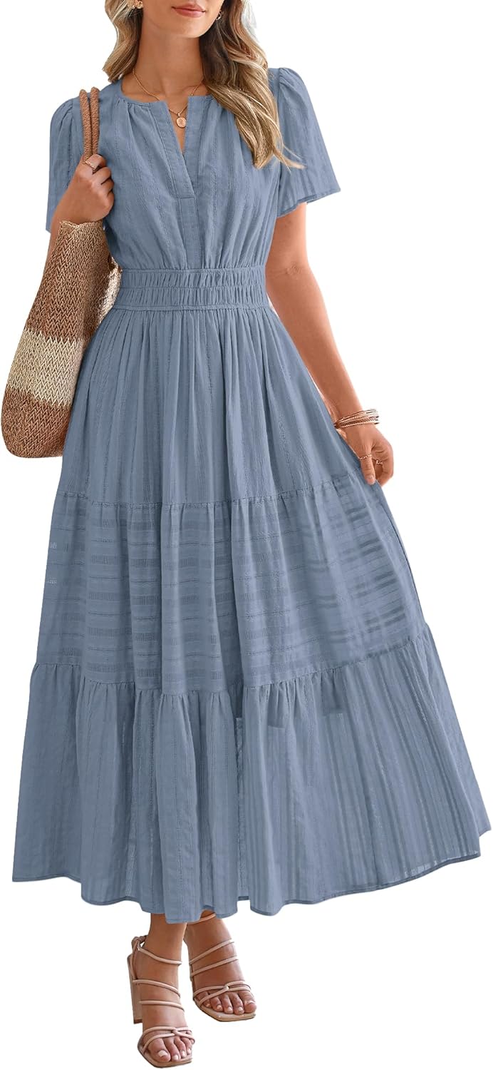 HOT SALE Womens Summer Lightweight Short Sleeve V Casual Midi Maxi Dresses