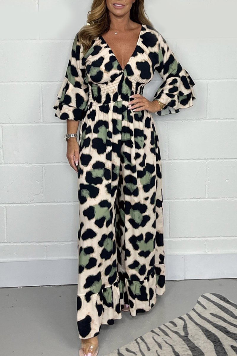 Hot Sale🔥 Women's Leopard Print Elastic Waist Casual Wide Leg Jumpsuit