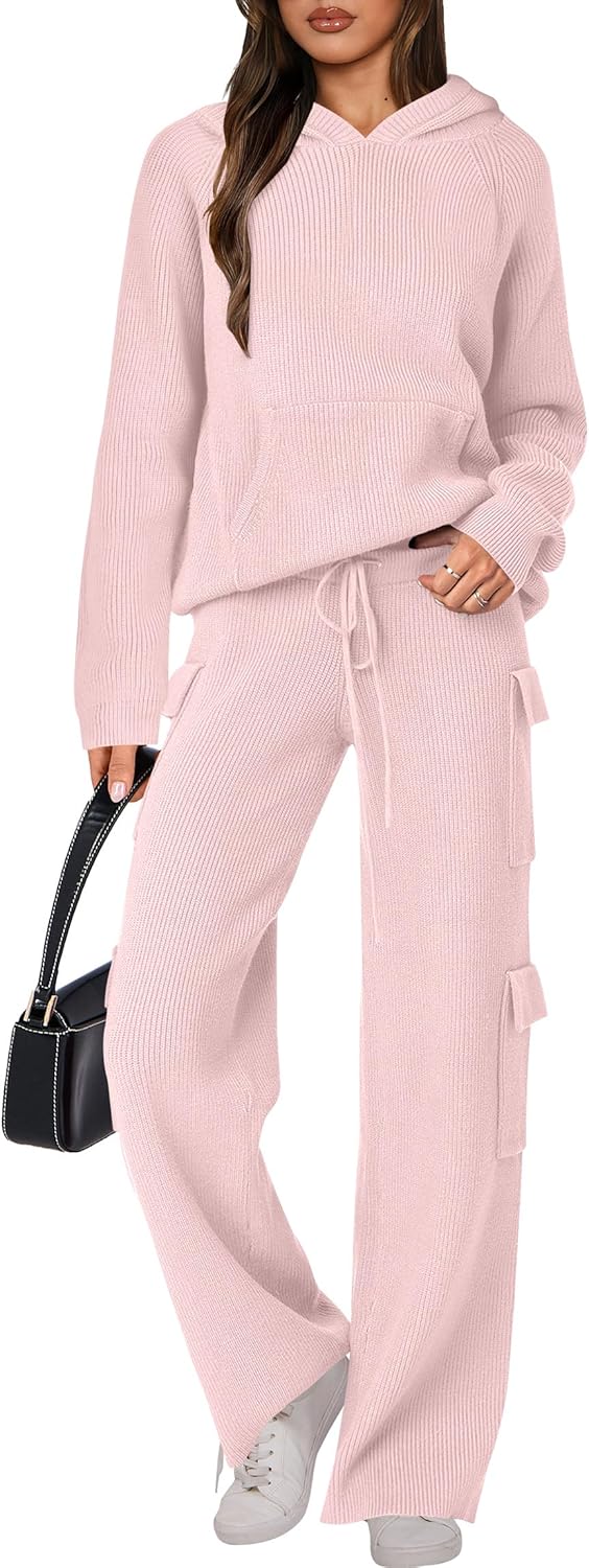 🎄Christmas Clearance 🔥 Women’s Two Piece Outfits Casual Knit Hooded Sweater Straight Leg Pants Set