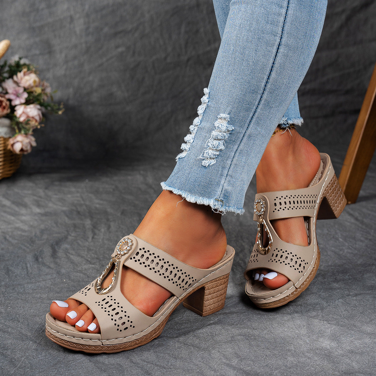 Orthopedic Rhinestones Heel Sandals