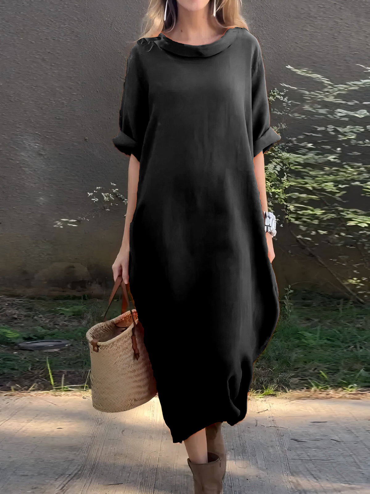Women's Casual Solid Color Cotton and Linen Dress