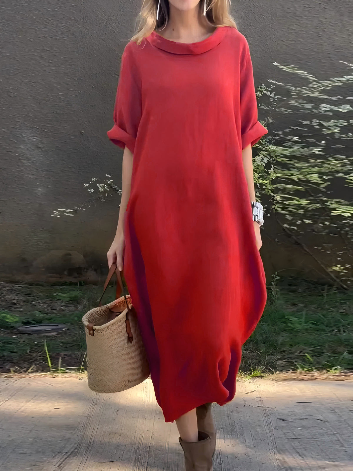 Women's Casual Solid Color Cotton and Linen Dress