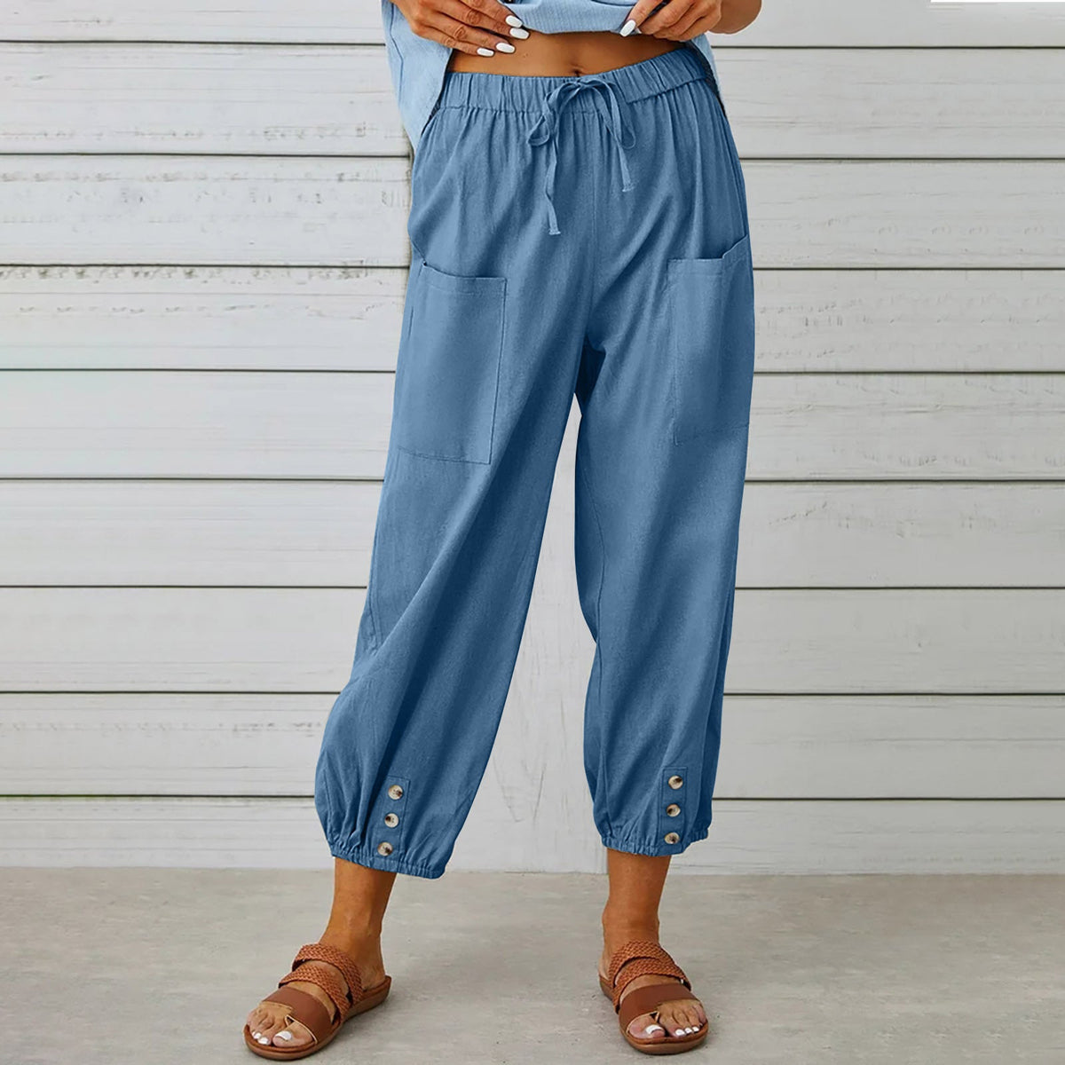 Women's pants High-waisted buttoned cotton hemp pants nine-point pants wide-legged