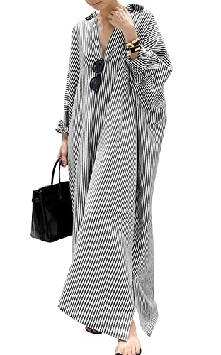 Women's Casual Long Sleeve Button Down Loose Striped Cotton Maxi Shirt Dress