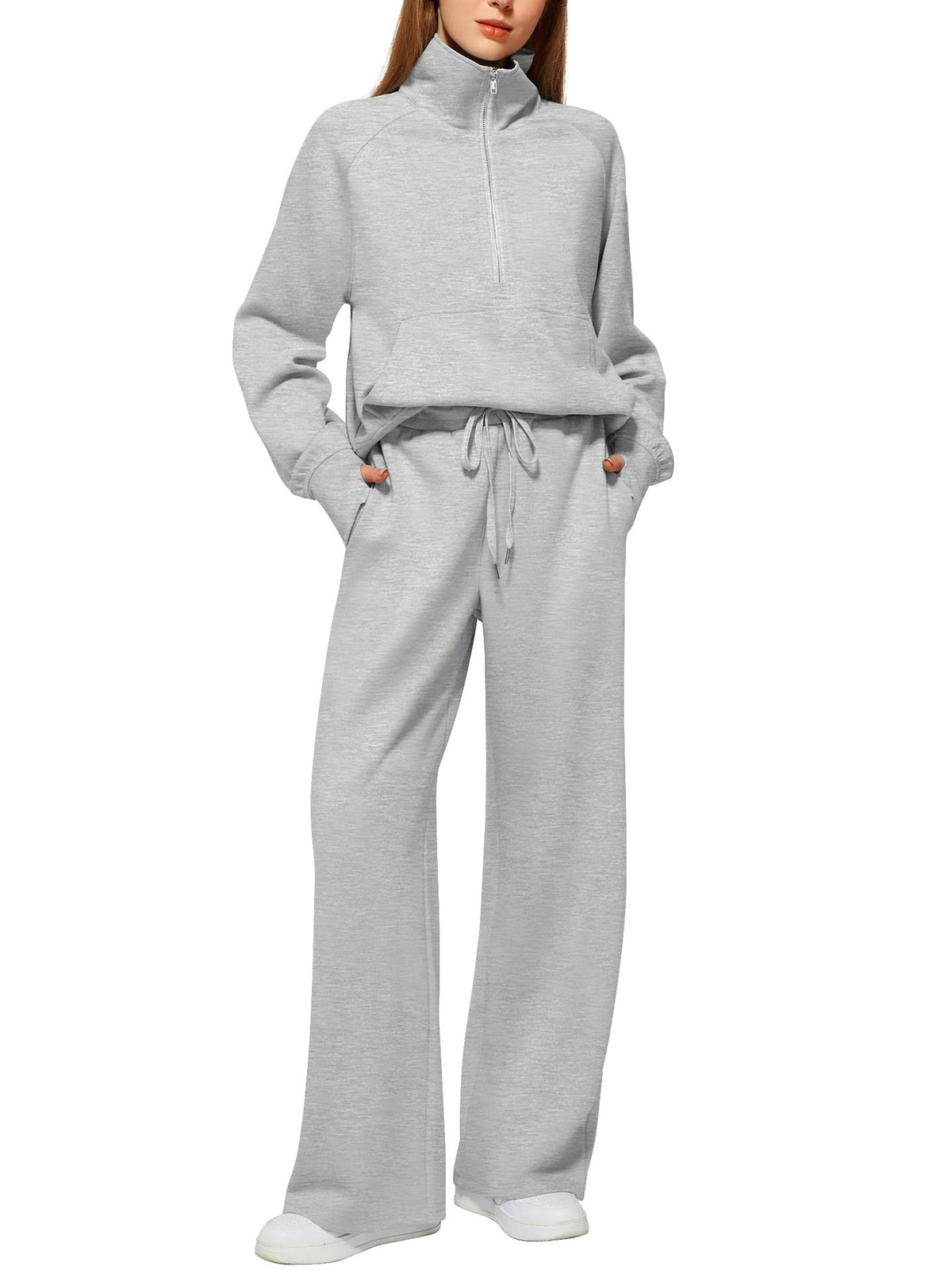 CLEARANCE SALE🔥 Women's Solid Color Cotton Half Zip Two-Piece Set