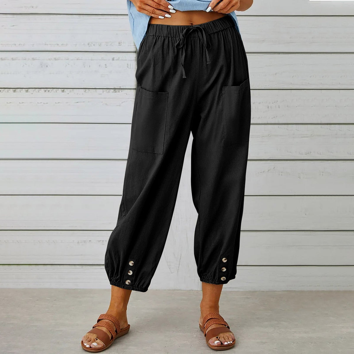Women's pants High-waisted buttoned cotton hemp pants nine-point pants wide-legged